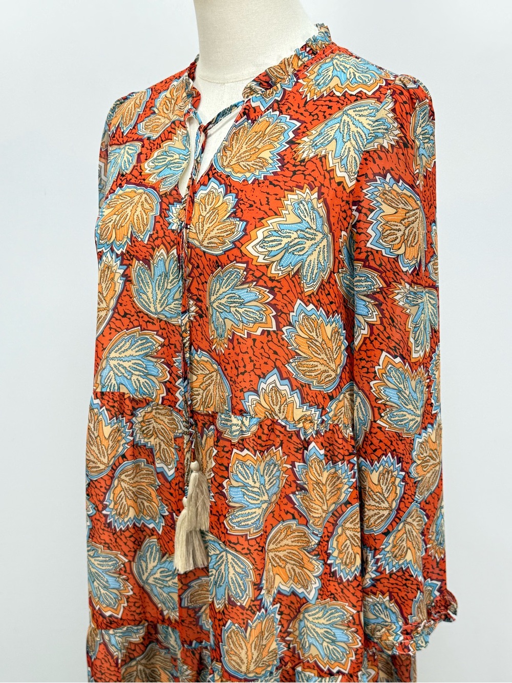 THML Rust Orange Floral Tassel-Front Long Sleeve tiered mini Dress size S - Picture 6 of 13